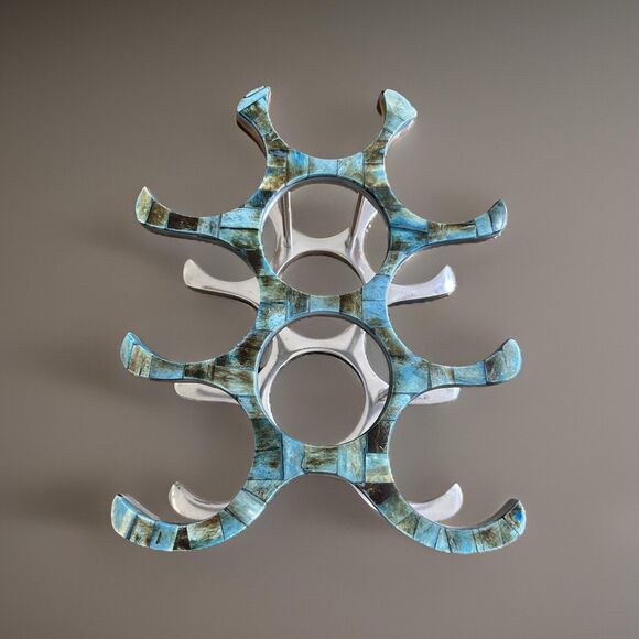 Polished Aluminum with Turquoise Like Inlay 9 Bottle Wine Rack